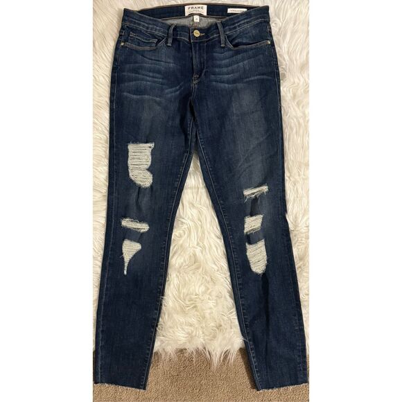 Frame Le Skinny De Jeanne Distressed Stretch Denim Jeans Park Jefferson Size 29 - Picture 3 of 12